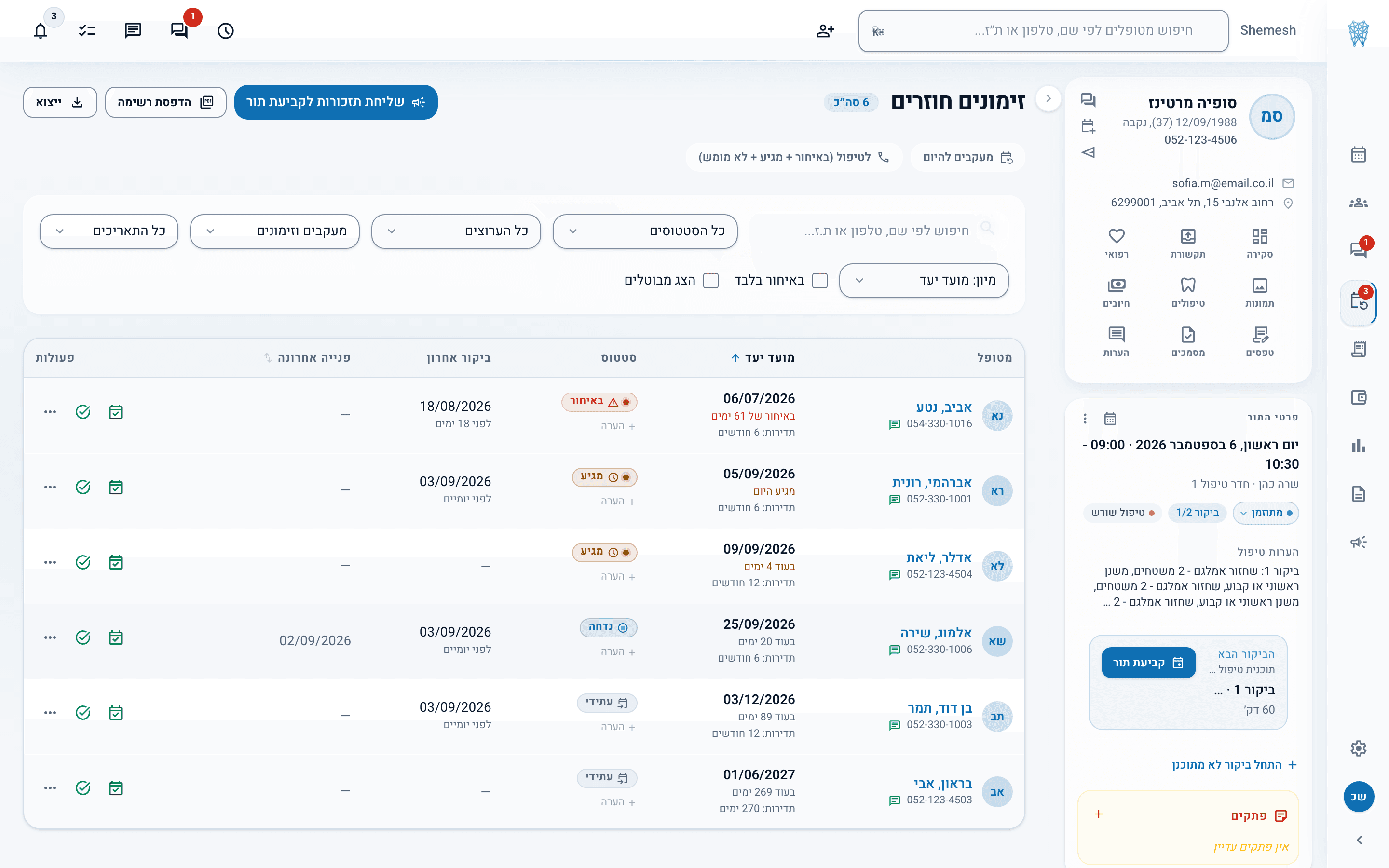 רשימת הזימונים החוזרים של ZeDent, סטטוס לכל מטופל (באיחור / מגיע / עתידי) וכפתורי פעולה מיידיים